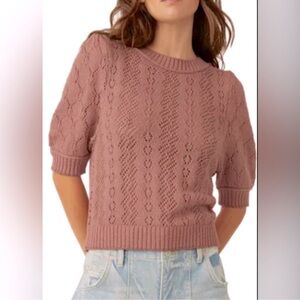 Joie Pink Pointelle Crewneck Sweater Puff Sleeves Short Size Small Cottage